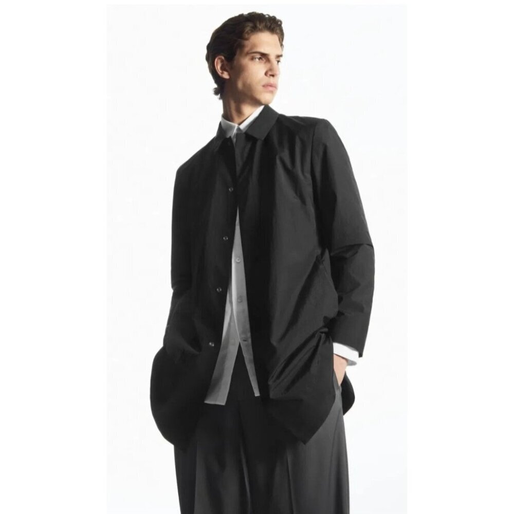 COS Men’s Lyocell Cotton Long Coat Jacket Size 36 Black Minimalist Lightweight
